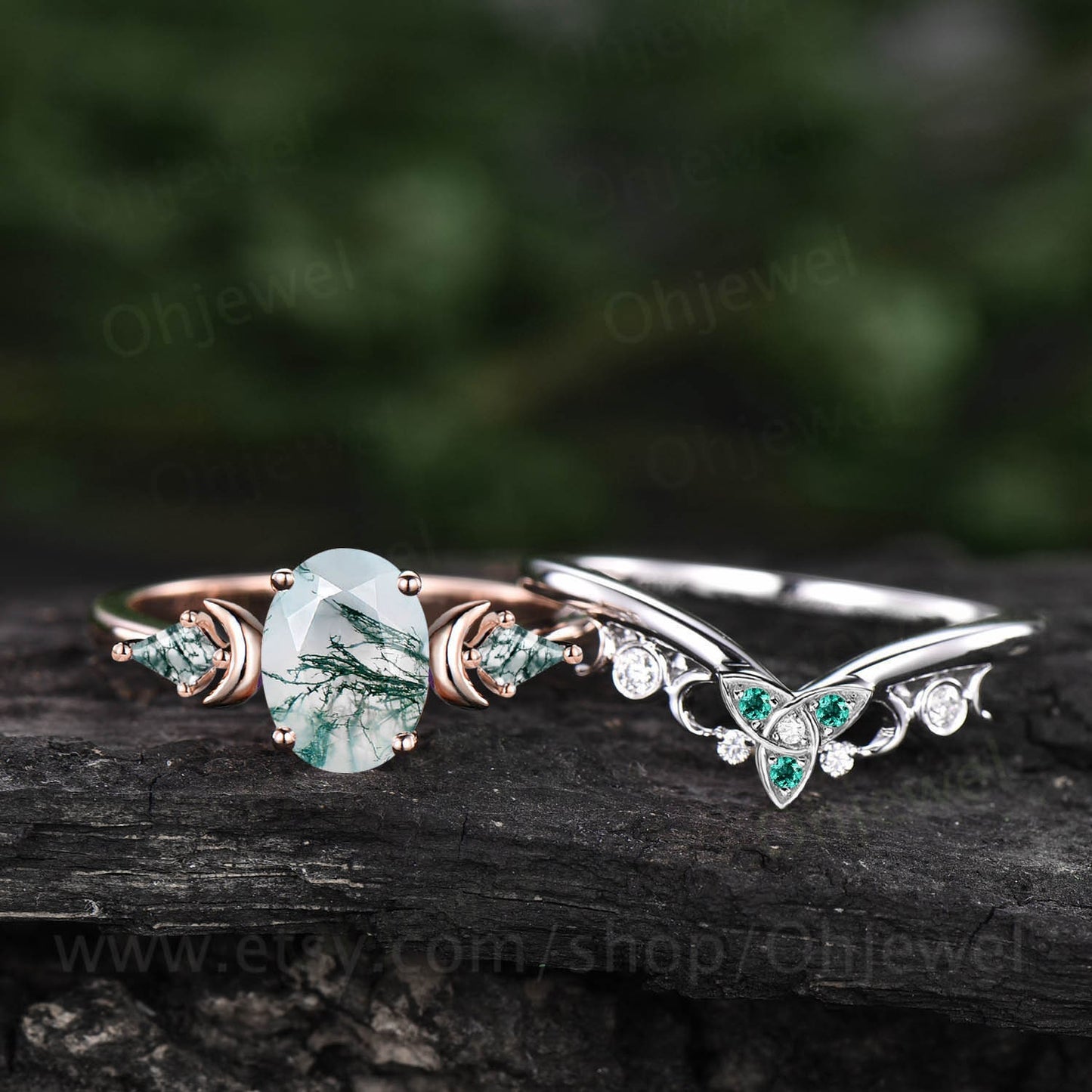 Vintage oval green moss agate ring set