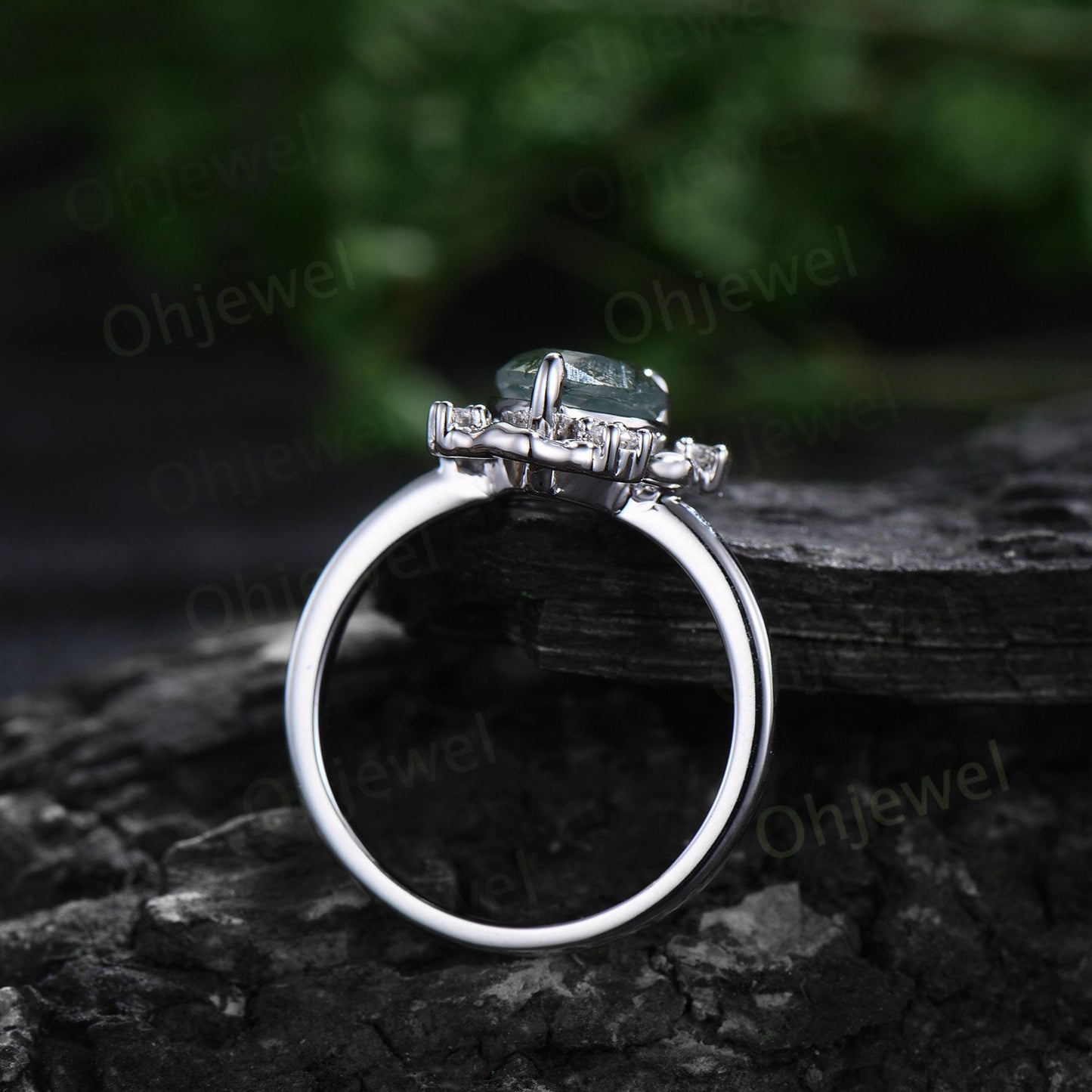 Vintage pear moss agate engagement ring leaf Nature inspired halo cluster diamond ring women 14k white gold branch antique wedding ring gift