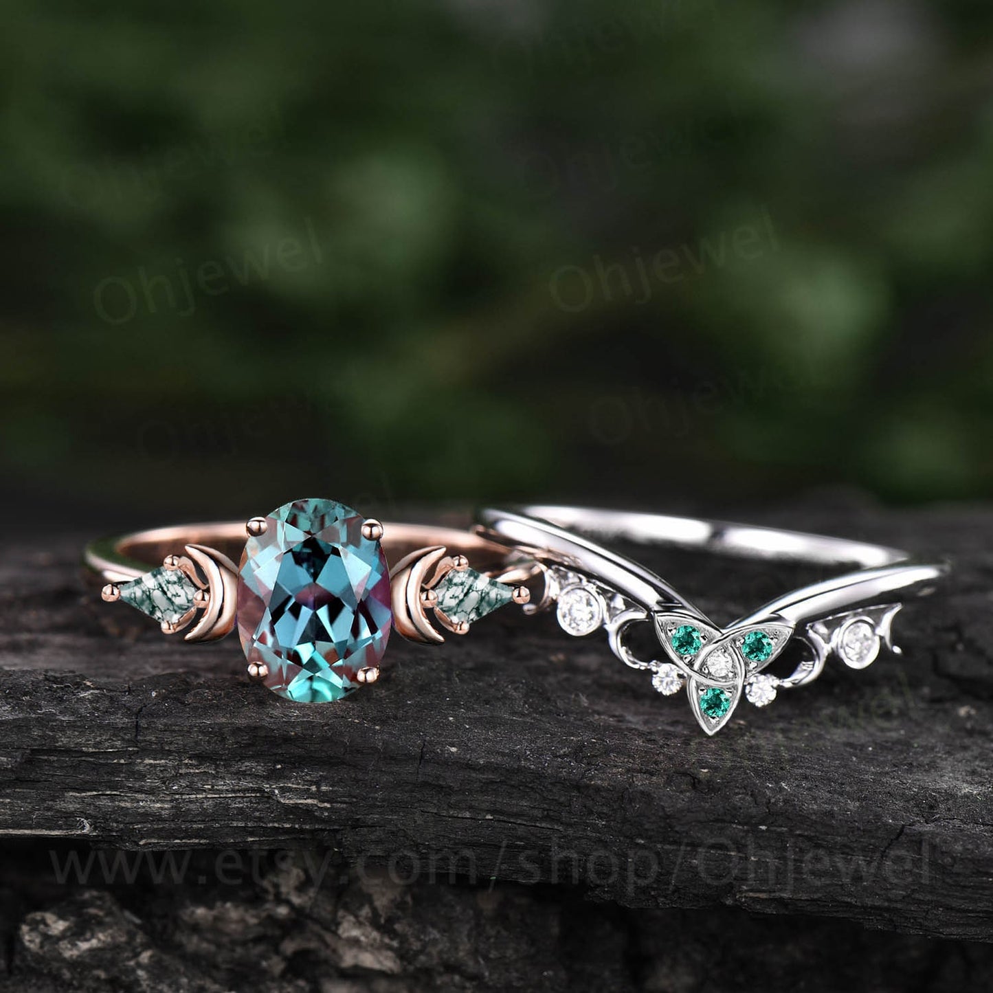 Oval Alexandrite ring vintage moon unique engagement ring rose gold kite moss agate emerald moissanite anniversary wedding ring set women