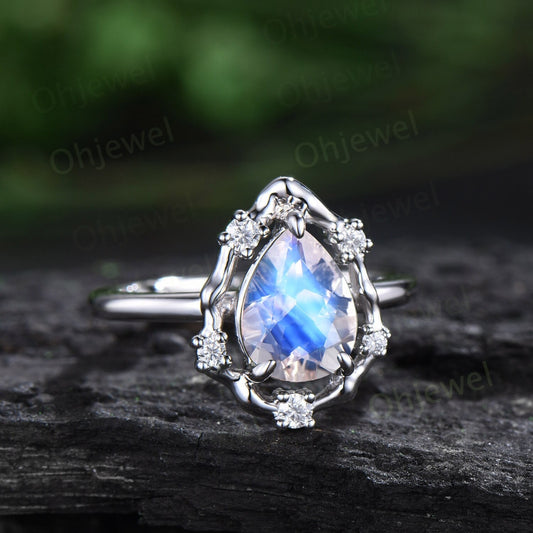 Vintage pear moonstone engagement ring leaf Nature inspired halo cluster diamond ring women 14k white gold branch antique wedding ring gift