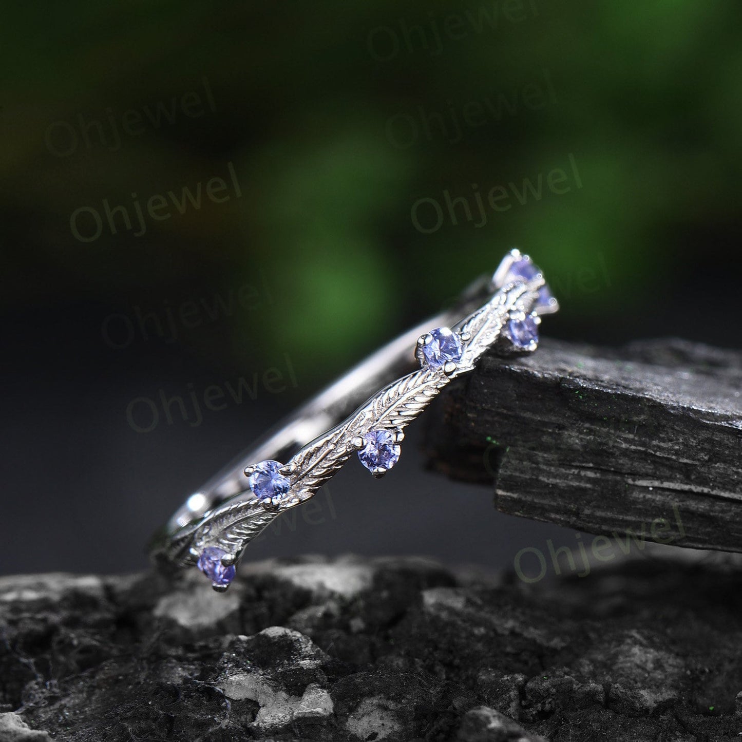 Natural Tanzanite ring vintage half eternity nature inspired leaf wedding band solid 14k white gold anniversary ring gift gemstone women