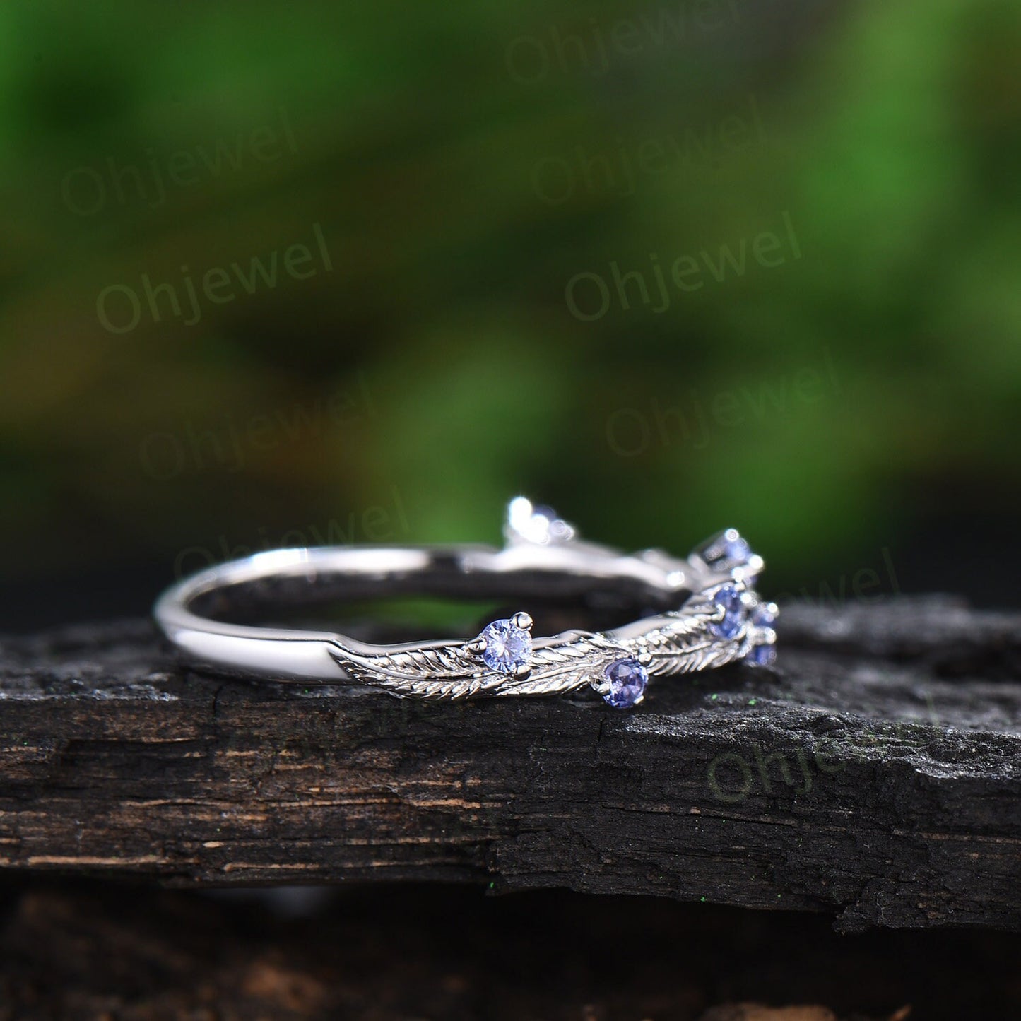 Natural Tanzanite ring vintage half eternity nature inspired leaf wedding band solid 14k white gold anniversary ring gift gemstone women