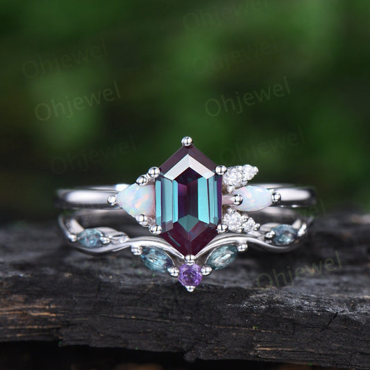 Vintage Long hexagon alexandrite engagement ring opal amethyst ring 14k white gold cluster moissanite anniversary wedding bridal set women