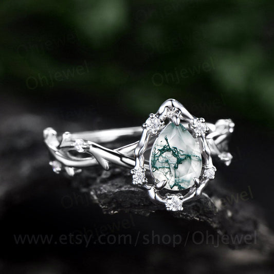 Pear moss agate ring vintage halo leaf branch nature inspired engagement ring white gold Twisted infinity diamond anniversary ring women
