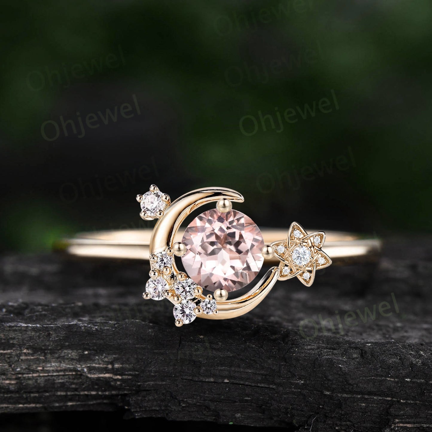 Vintage natural round morganite engagement ring solid 14k rose gold cluster moon star diamond ring women flower dainty anniversary ring gift
