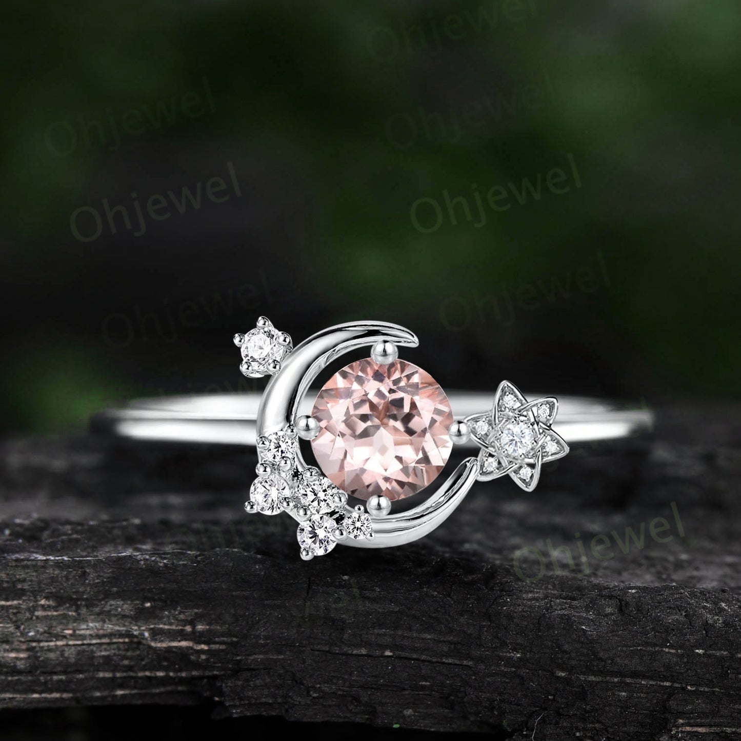 Vintage natural round morganite engagement ring solid 14k rose gold cluster moon star diamond ring women flower dainty anniversary ring gift