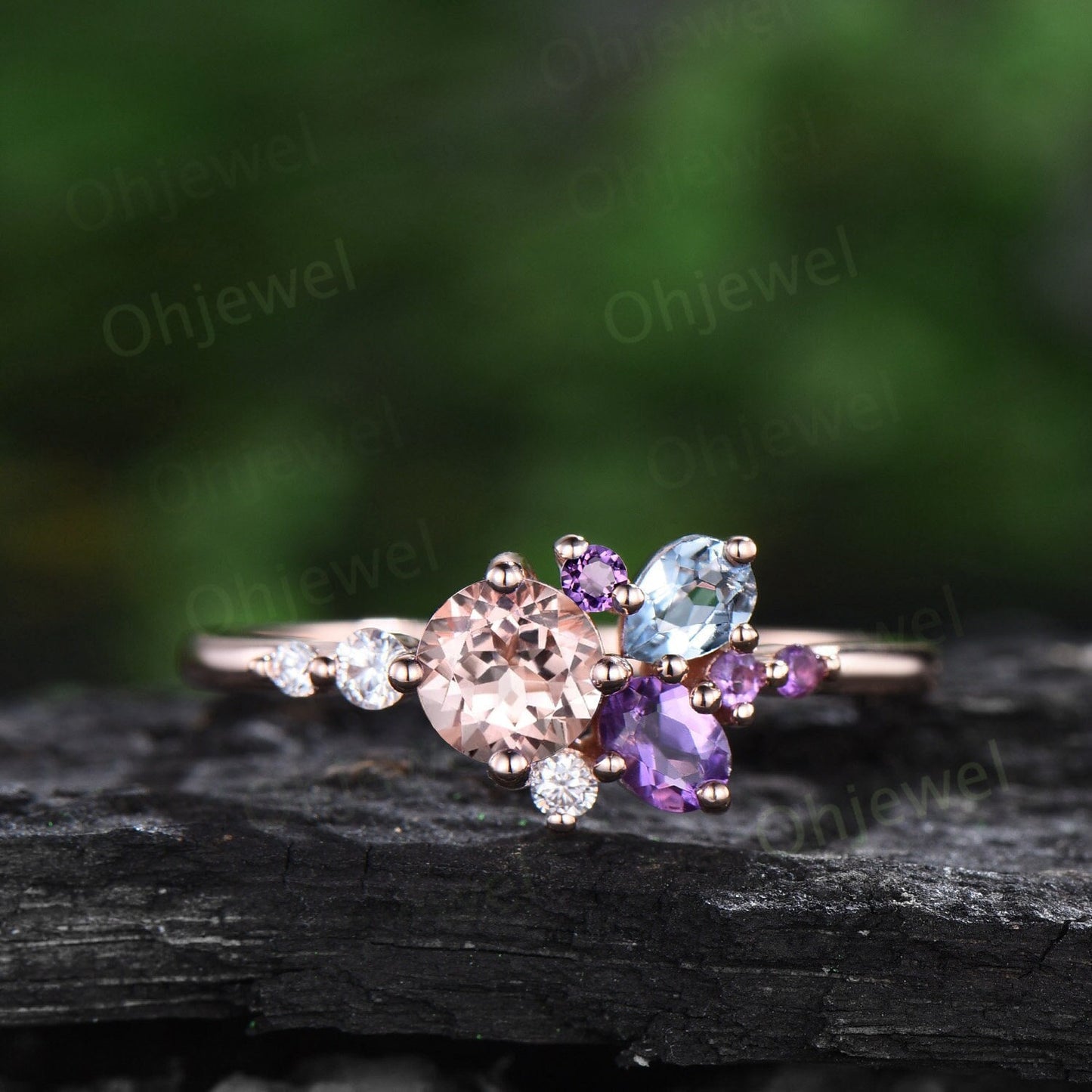 Round natural morganite ring rose gold vintage cluster amethyst ring pear aquamarine ring vintage dainty unique engagement ring women gift