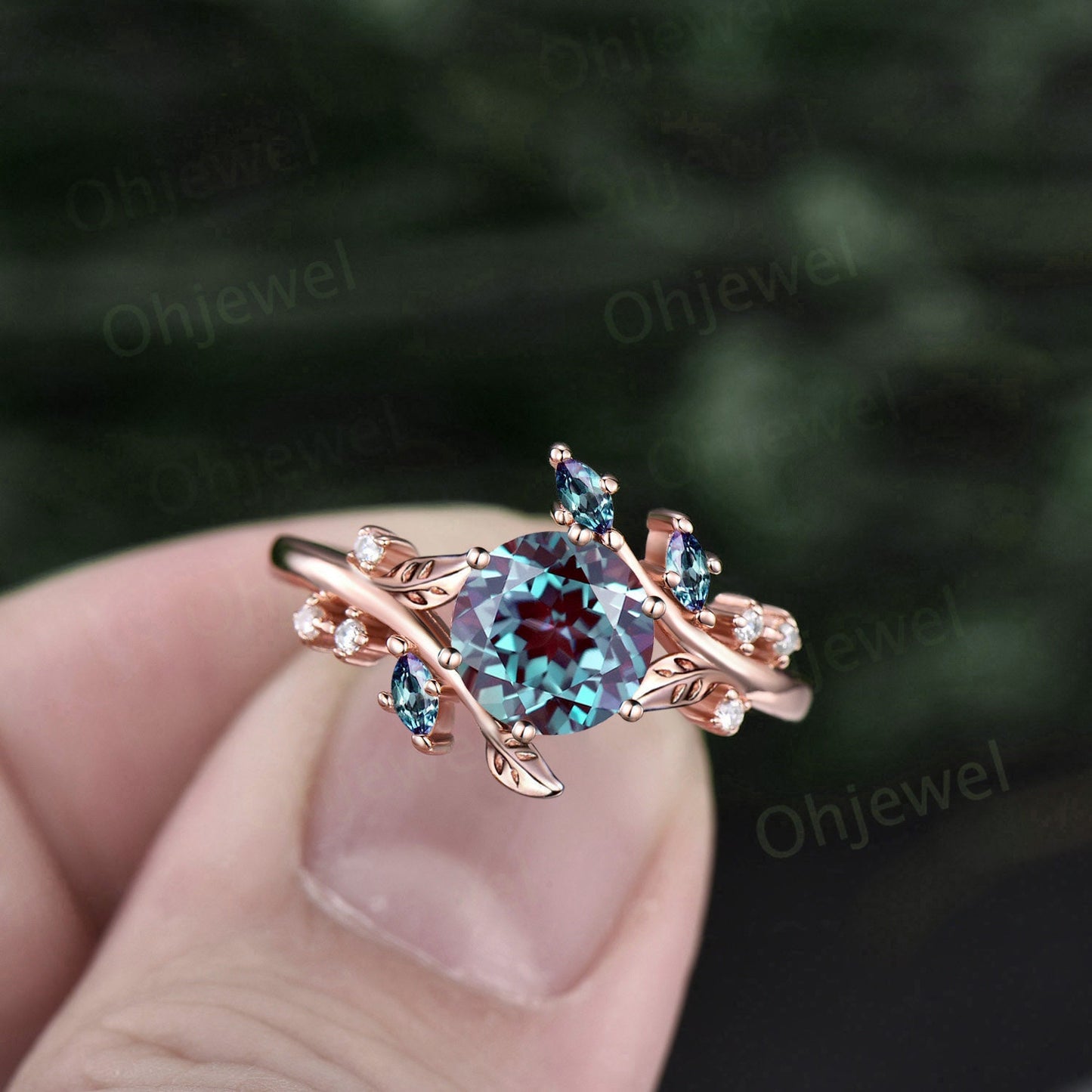 Vintage round Alexandrite engagement ring art deco leaf moonstone ring women rose gold nature inspired moissanite promise wedding ring gift