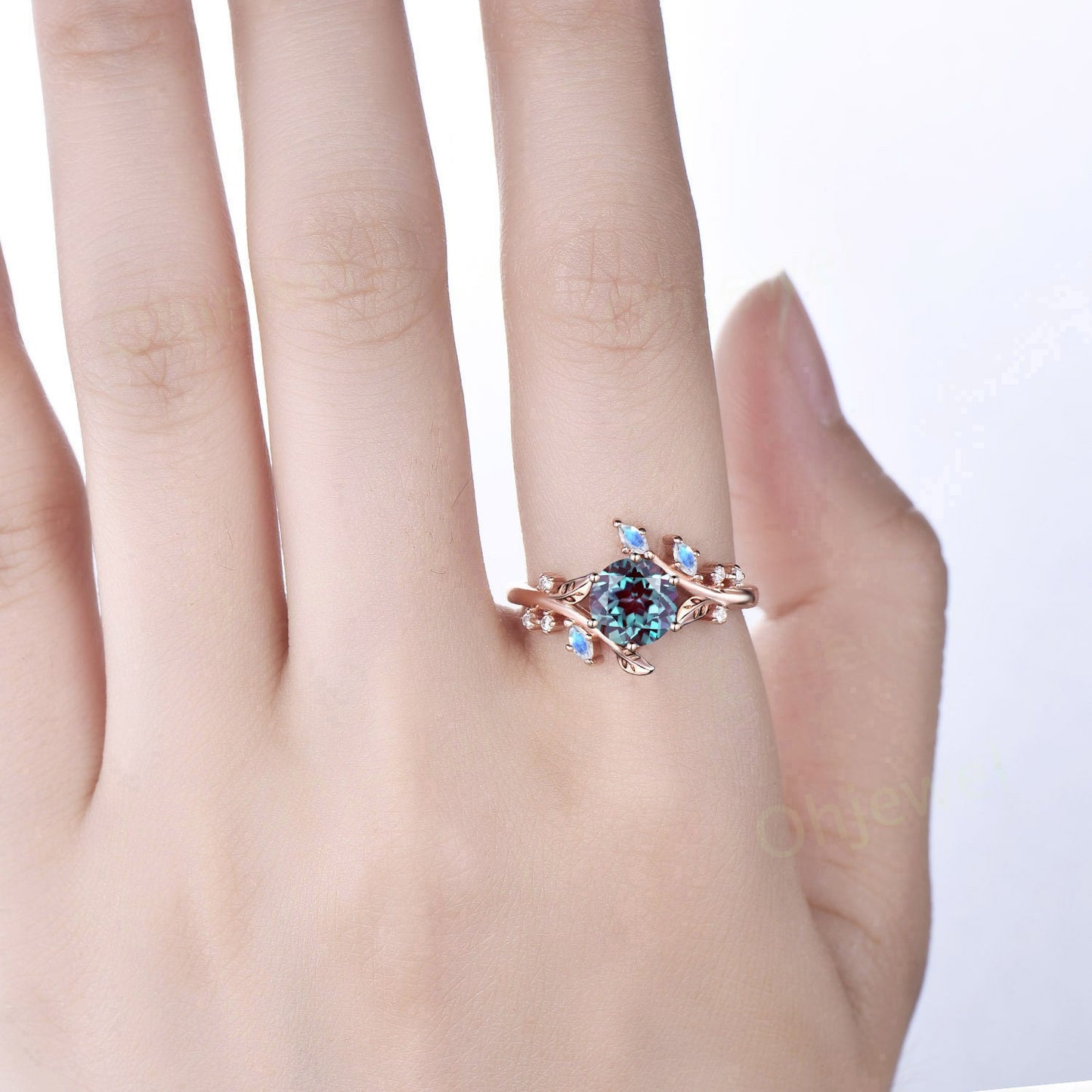 Vintage round Alexandrite engagement ring art deco leaf moonstone ring women rose gold nature inspired moissanite promise wedding ring gift
