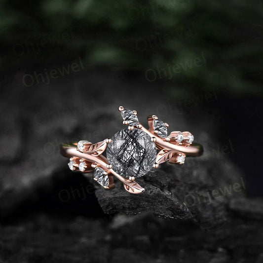 Vintage round black rutilated quartz engagement ring women art deco leaf rose gold nature inspired moissanite wedding anniversary ring gift
