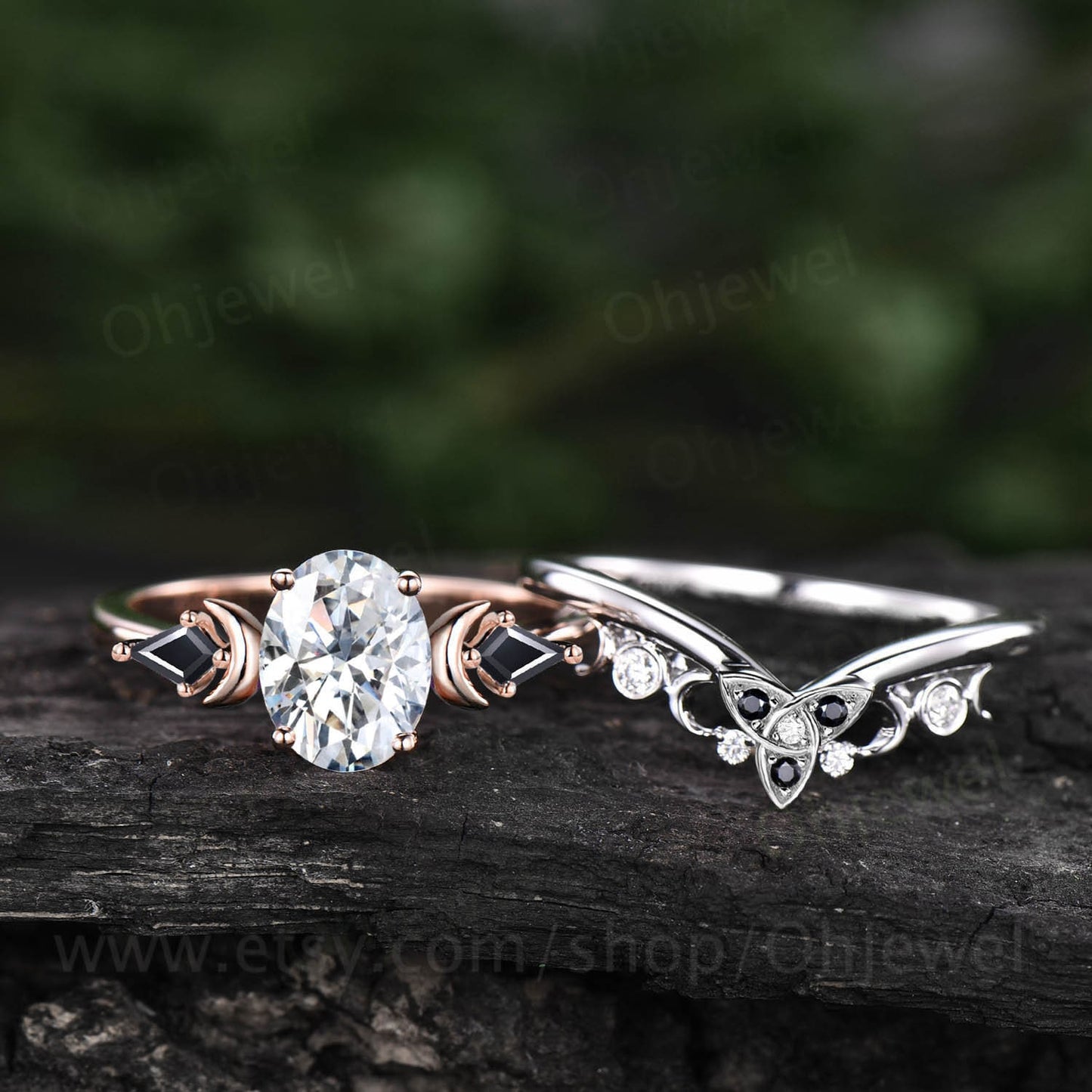 Vintage oval cut moissanite engagement ring set solid 14k rose gold kite black spinel moon antique unique anniversary wedding ring set women