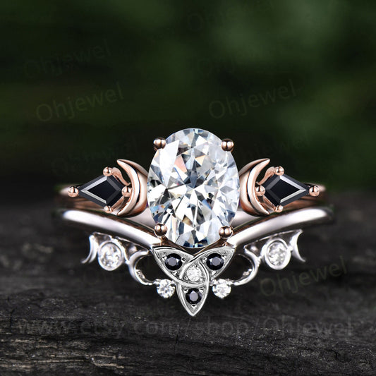 Vintage oval cut moissanite engagement ring set solid 14k rose gold kite black spinel moon antique unique anniversary wedding ring set women