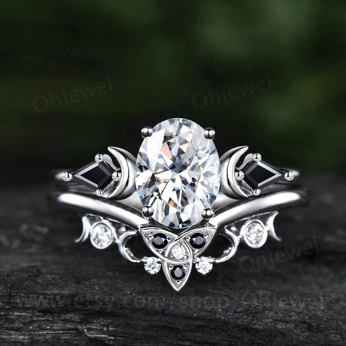 Vintage oval cut moissanite engagement ring set solid 14k rose gold kite black spinel moon antique unique anniversary wedding ring set women