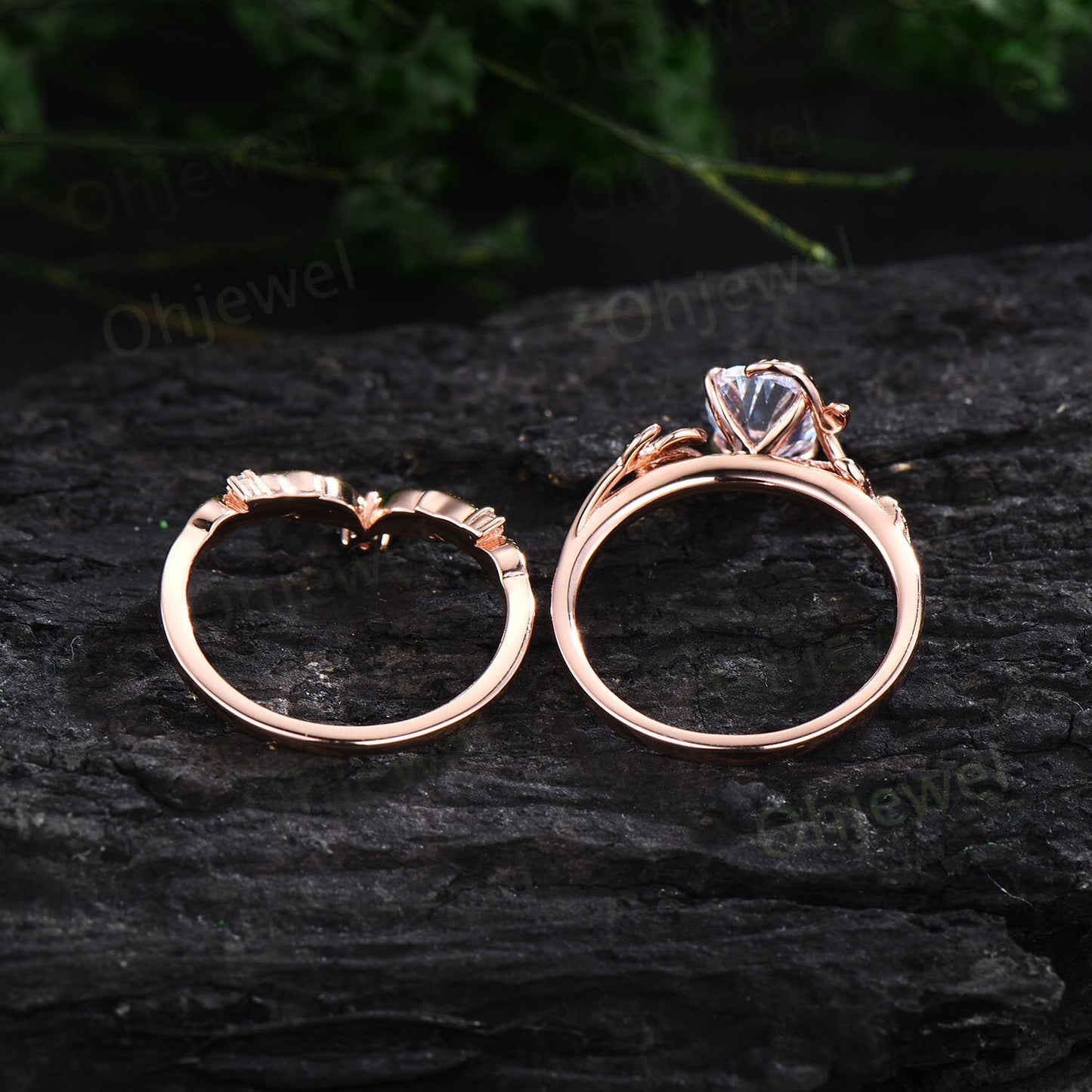 Twig oval cut Lavender Amethyst ring unique engagement ring set women leaf nature inspired rose gold ring branch diamond bridal ring set