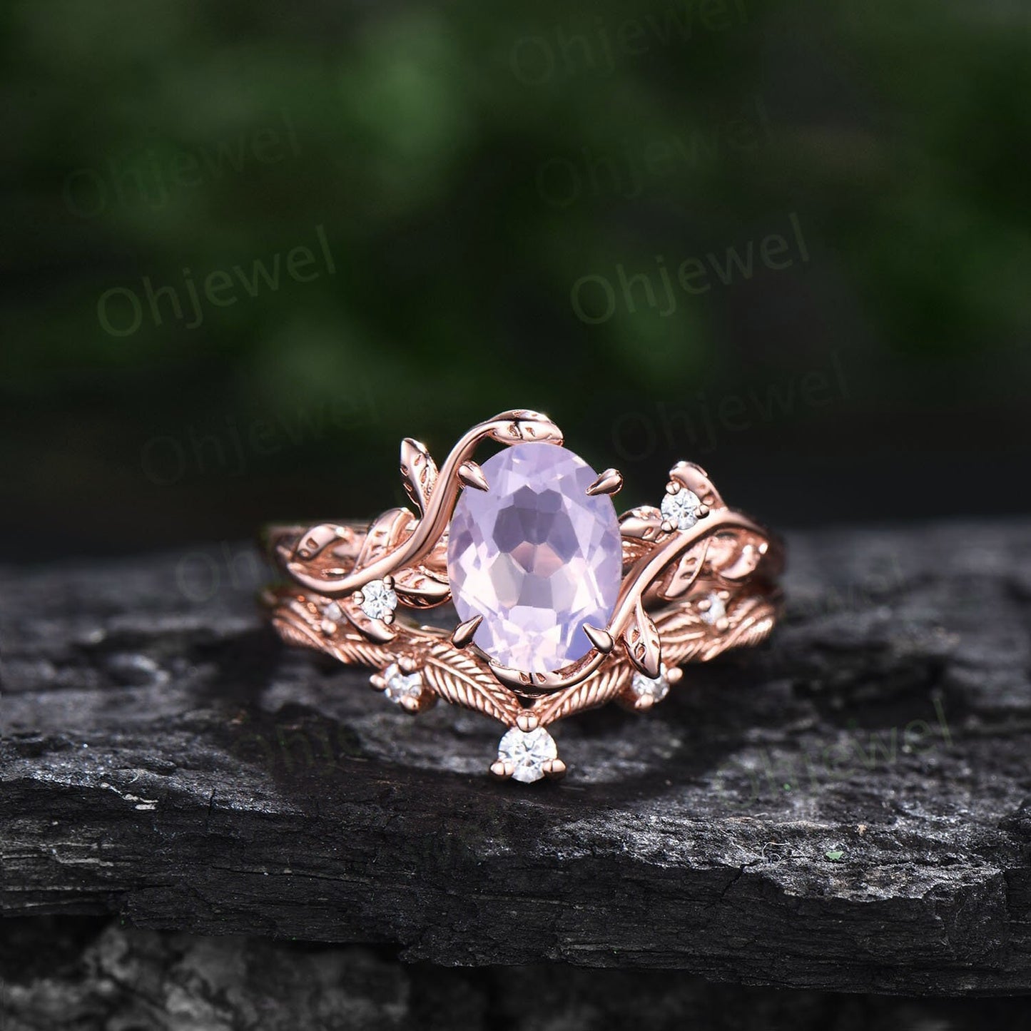 Twig oval cut Lavender Amethyst ring unique engagement ring set women leaf nature inspired rose gold ring branch diamond bridal ring set