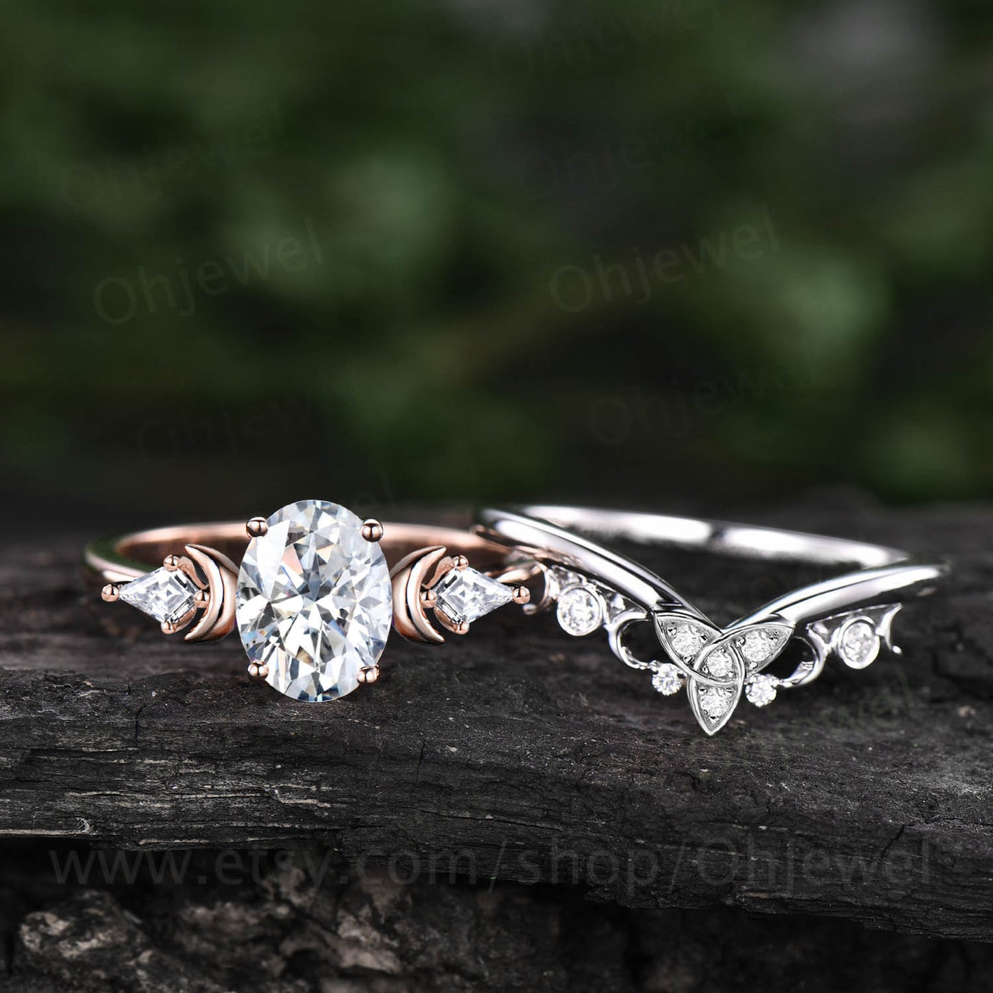 Moissanite ring vintage oval kite three stone moon unique engagement ring set 14k white gold Celtic knot wedding ring band bridal set women