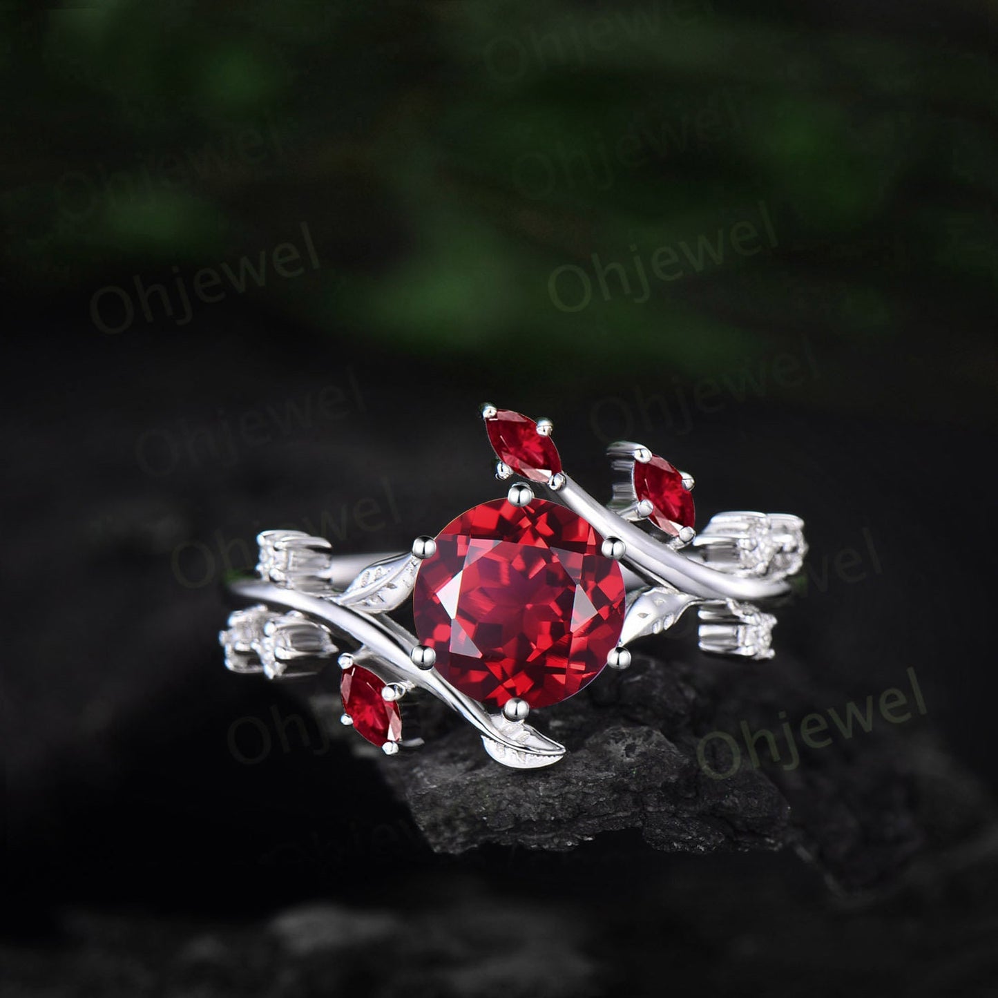 Round red ruby engagement ring rose gold leaf nature inspired cluster diamond ring gemstone unique anniversary wedding promise ring women