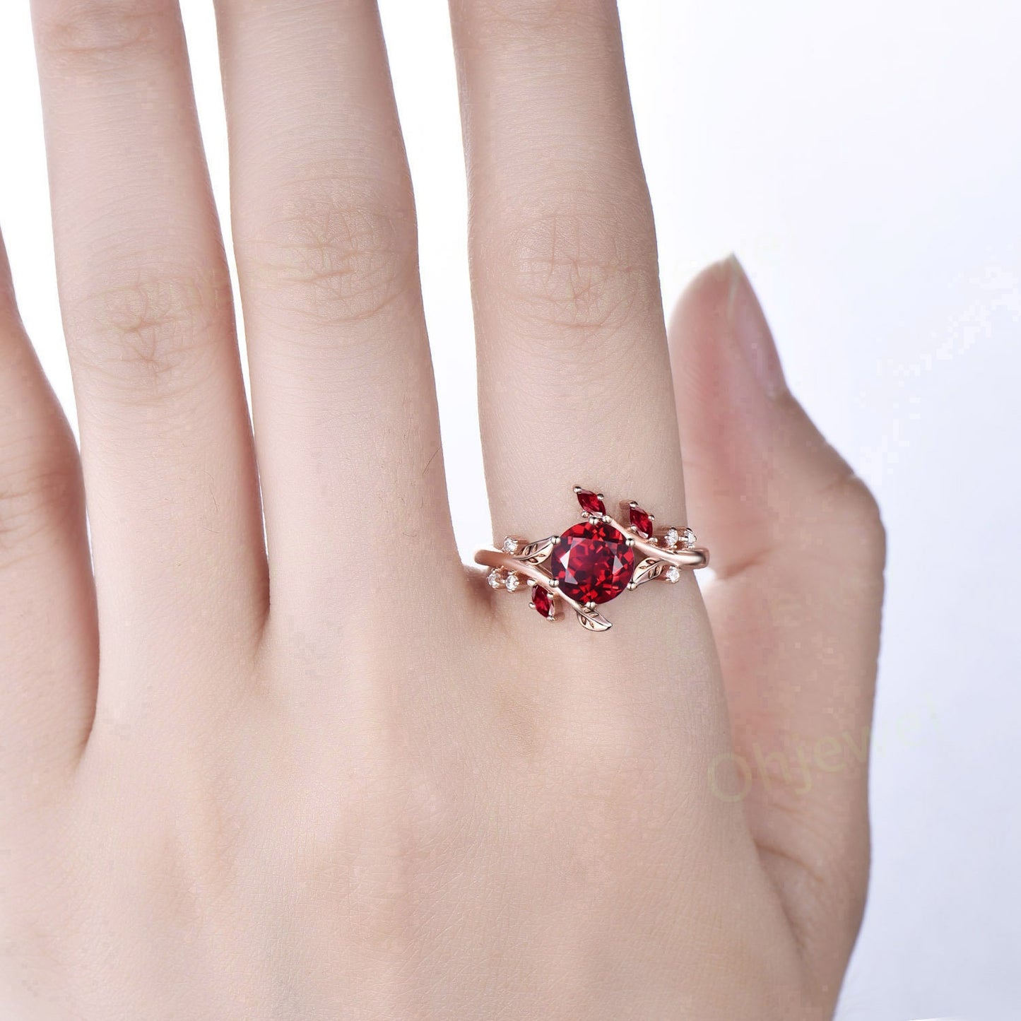 Round red ruby engagement ring rose gold leaf nature inspired cluster diamond ring gemstone unique anniversary wedding promise ring women