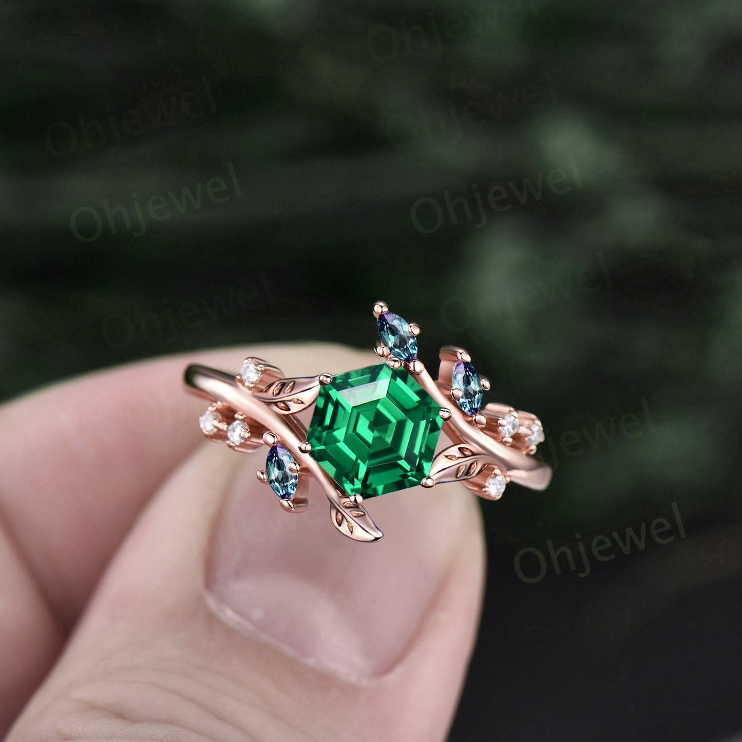 Vintage Hexagon green garnet engagement ring rose gold silver cluster Alexandrite ring leaf nature inspired unique bridal wedding ring women