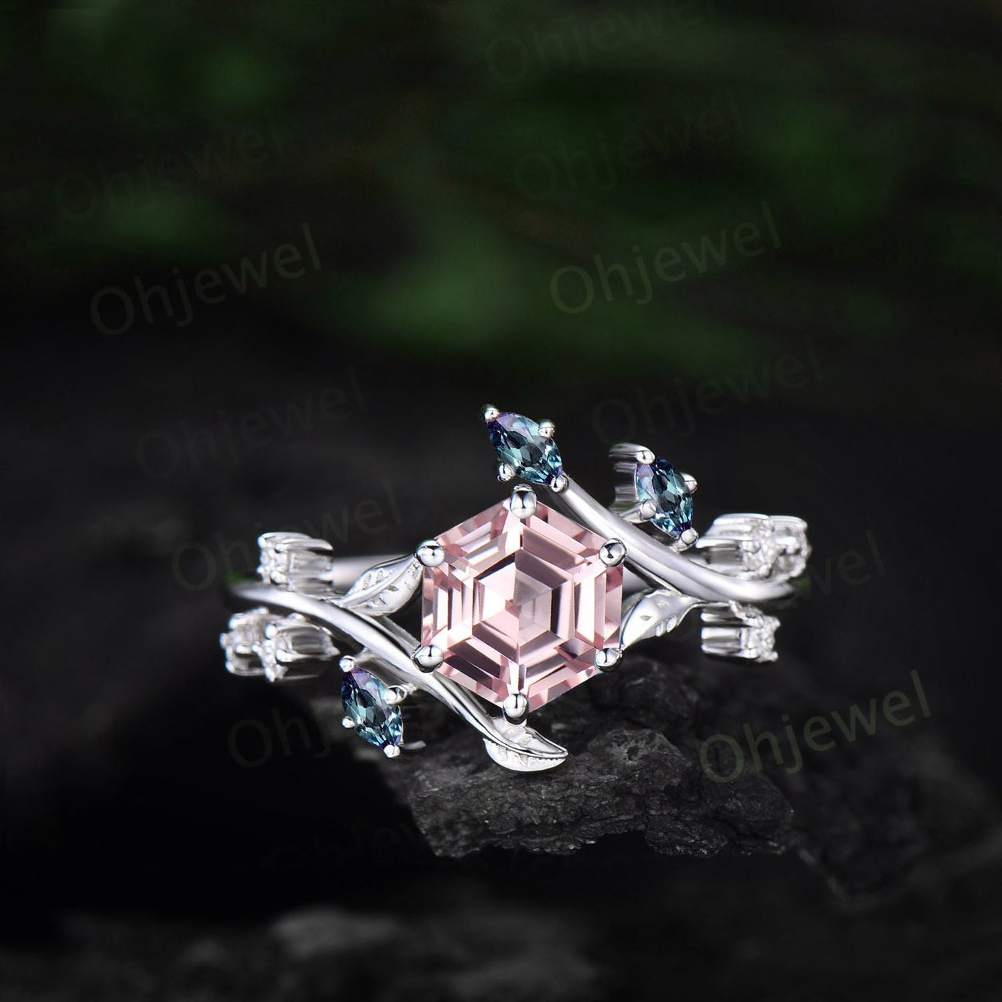 Vintage Hexagon pink sapphire engagement ring 14k rose gold cluster Alexandrite ring leaf nature inspired unique bridal wedding ring women