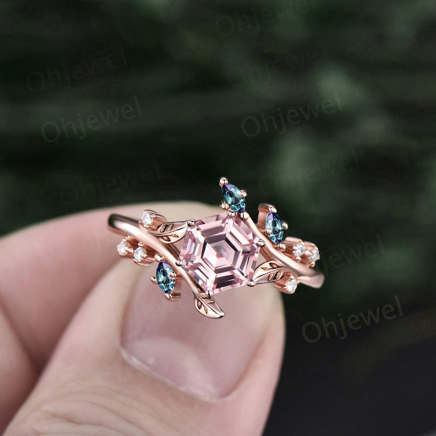 Vintage Hexagon pink sapphire engagement ring 14k rose gold cluster Alexandrite ring leaf nature inspired unique bridal wedding ring women