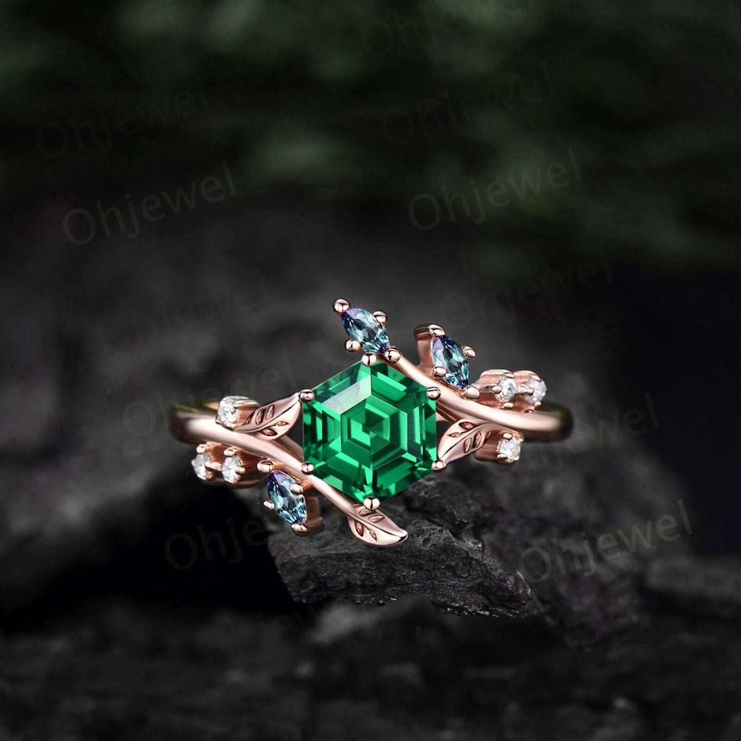 Vintage Hexagon green garnet engagement ring rose gold silver cluster Alexandrite ring leaf nature inspired unique bridal wedding ring women