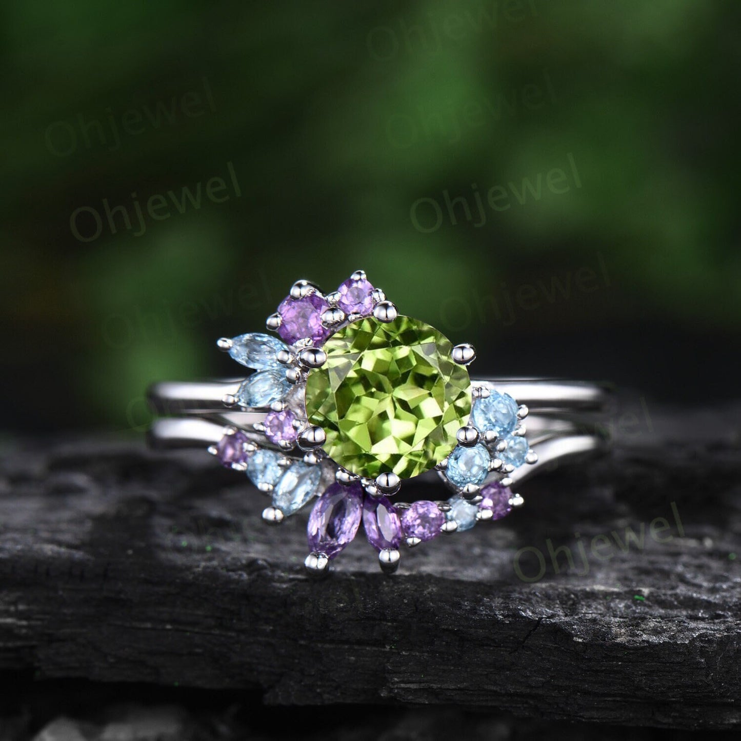 Vintage round peridot engagement ring 14k white gold snowdrift cluster amethyst topaz ring women gemstone crystal ring unique wedding ring