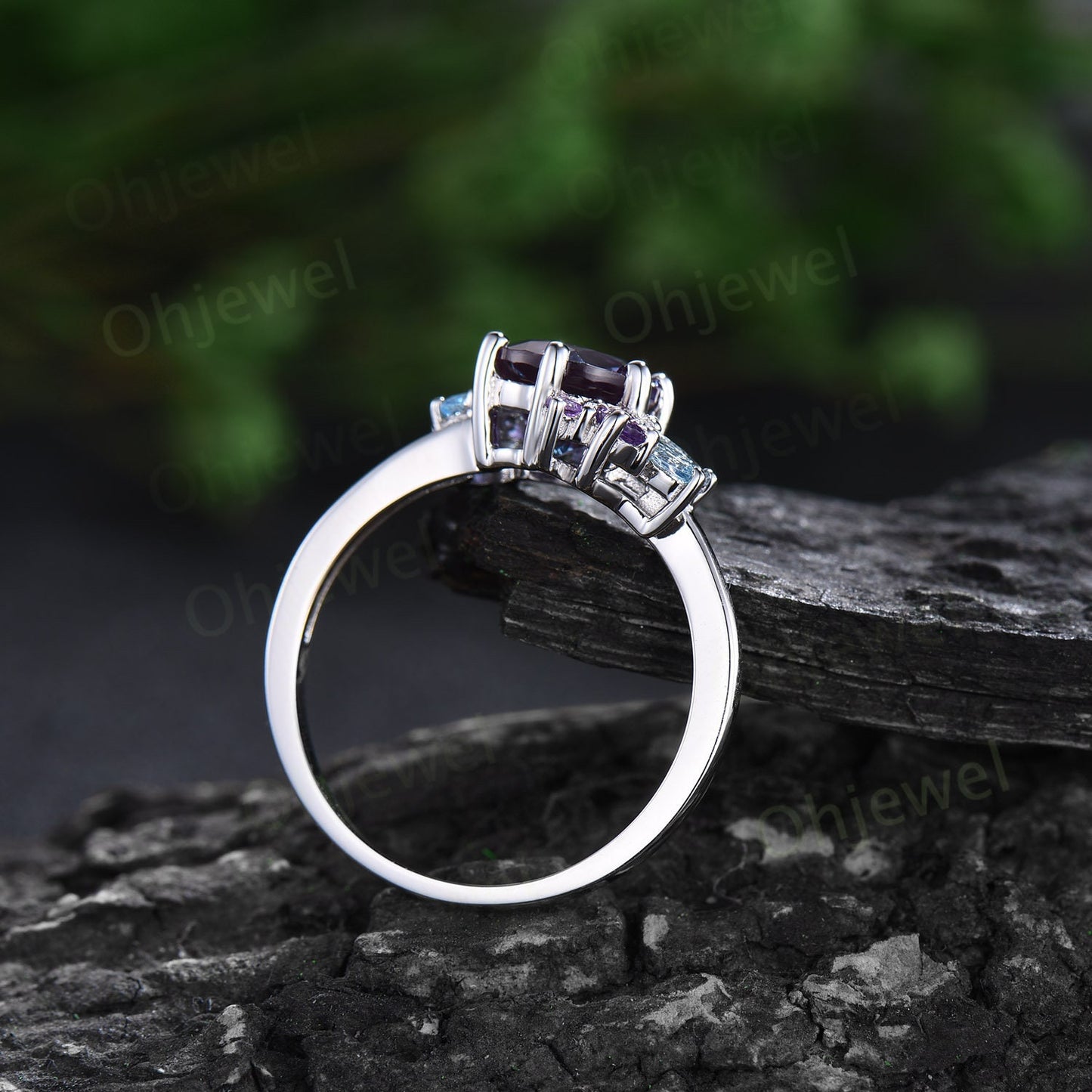 Vintage round moss agate engagement ring white gold snowdrift cluster amethyst topaz ring women gemstone crystal ring unique wedding ring