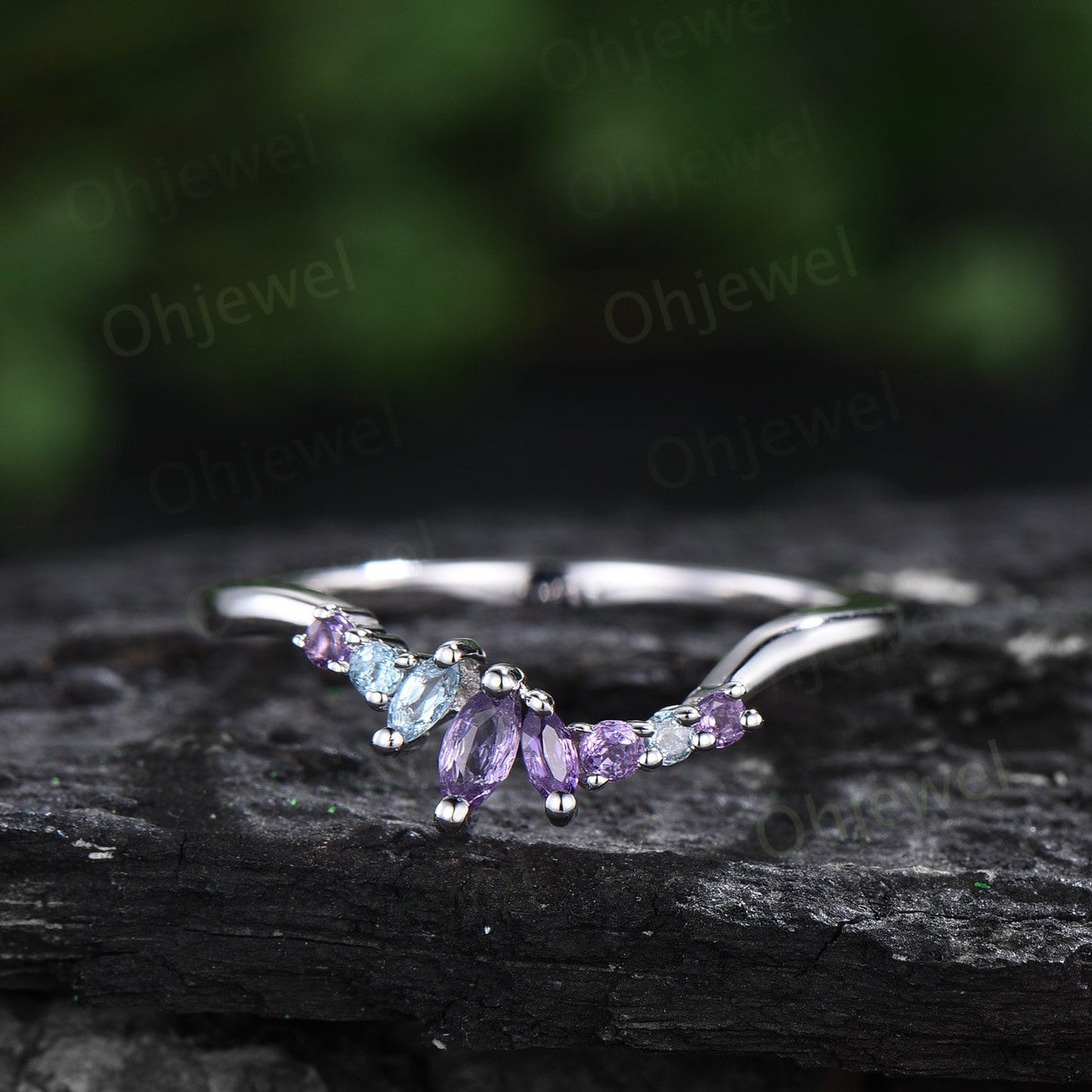 Round Lavender Amethyst engagement ring white gold 6 prong cluster blue topaz amethyst ring women stacking bridal set birthstone gift her