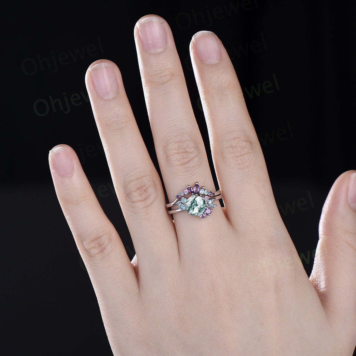 Vintage round moss agate engagement ring white gold snowdrift cluster amethyst topaz ring women gemstone crystal ring unique wedding ring