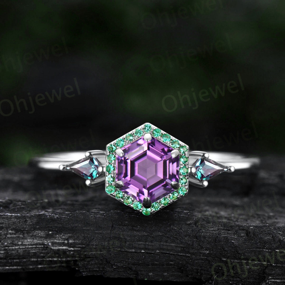 Hexagon cut purple Amethyst ring rose gold halo emerald ring vintage kite cut alexandrite ring women unique engagement ring gemstone ring