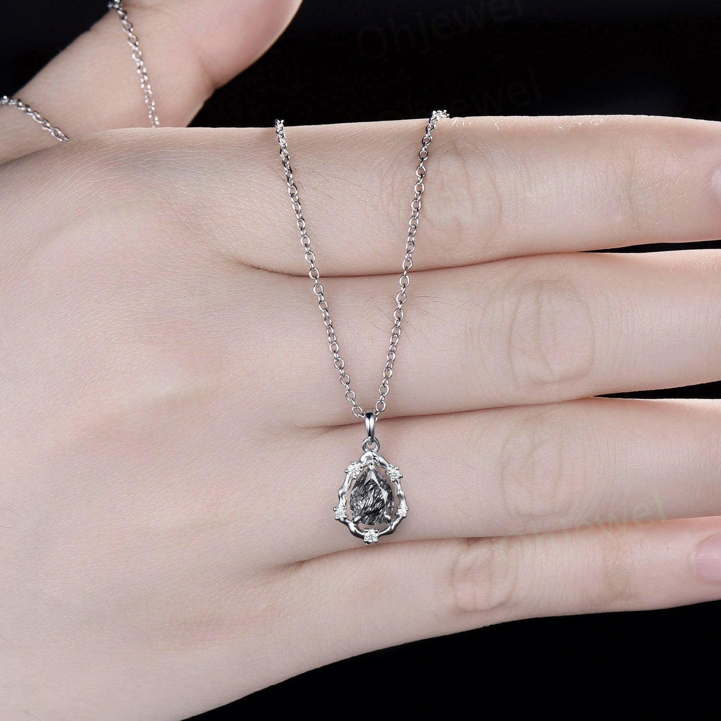 Pear black rutilated quartz necklace vintage solid 14k white gold halo leaf vine branch diamond Pendant women art deco anniversary gift