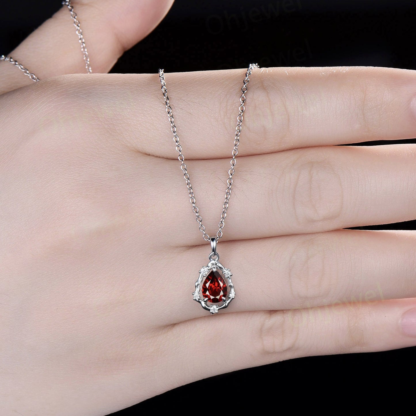 Pear red garnet necklace vintage 14k white gold halo leaf vine branch art deco diamond Pendant women January birthstone anniversary gift