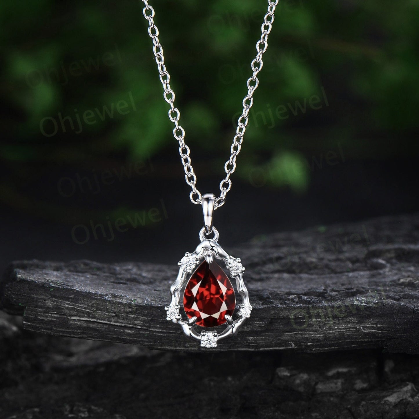 Pear red garnet necklace vintage 14k white gold halo leaf vine branch art deco diamond Pendant women January birthstone anniversary gift