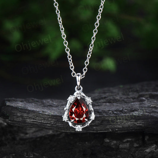 Pear red garnet necklace vintage 14k white gold halo leaf vine branch art deco diamond Pendant women January birthstone anniversary gift
