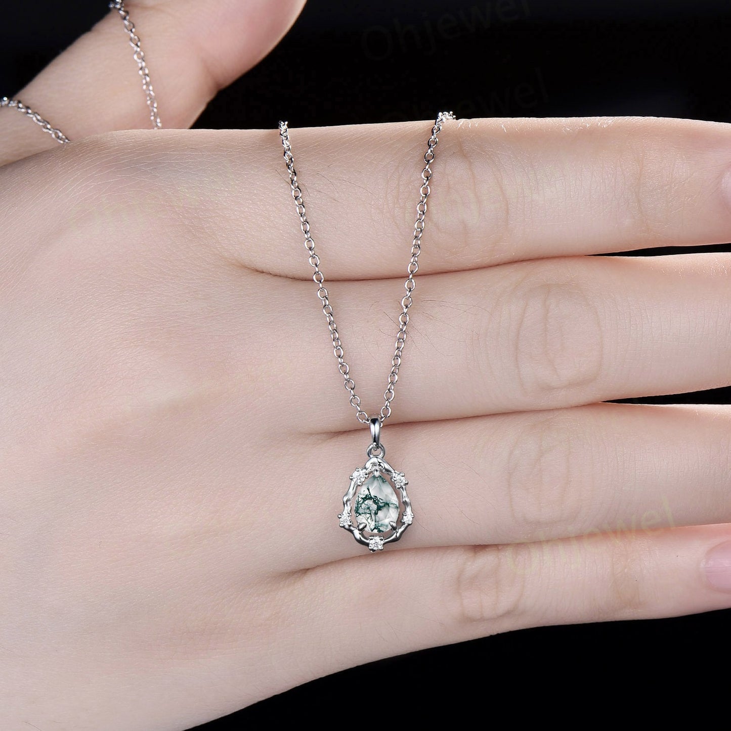Vintage pear green moss agate necklace 14k white gold halo leaf twig vine branch art deco diamond Pendant women birthday anniversary gift