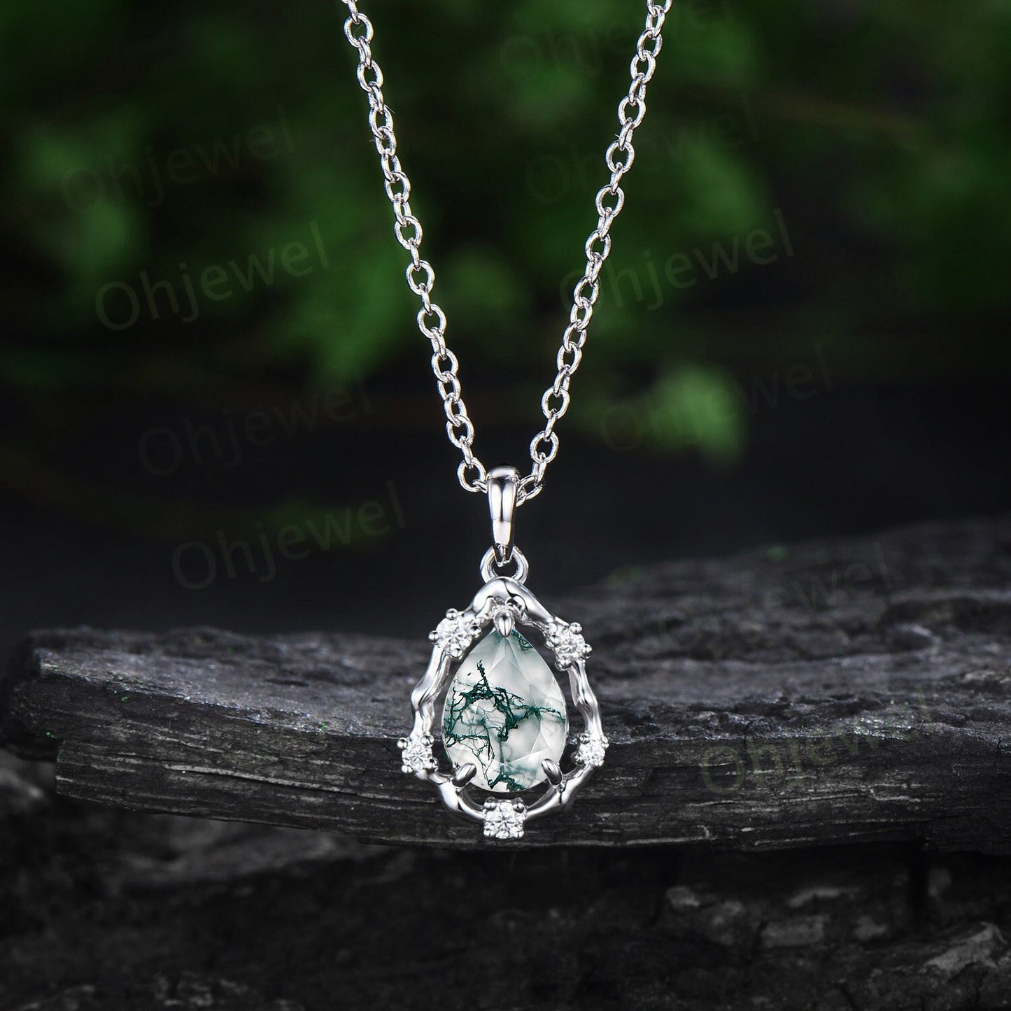 Vintage pear green moss agate necklace 14k white gold halo leaf twig vine branch art deco diamond Pendant women birthday anniversary gift