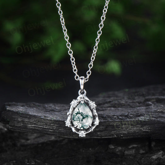 Vintage pear green moss agate necklace 14k white gold halo leaf twig vine branch art deco diamond Pendant women birthday anniversary gift