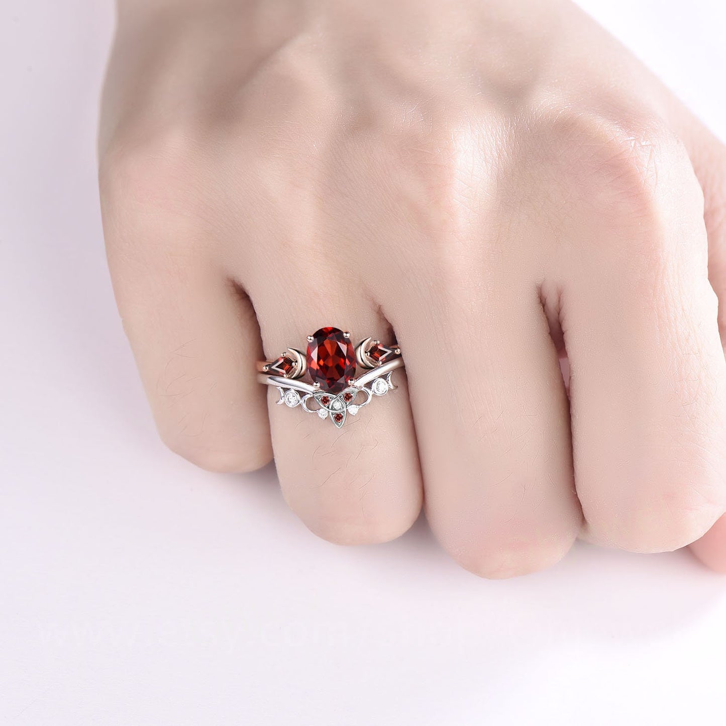 Vintage kite oval red garnet engagement ring 14k rose gold three stone moon Celtic knot moissanite anniversary wedding ring set women her