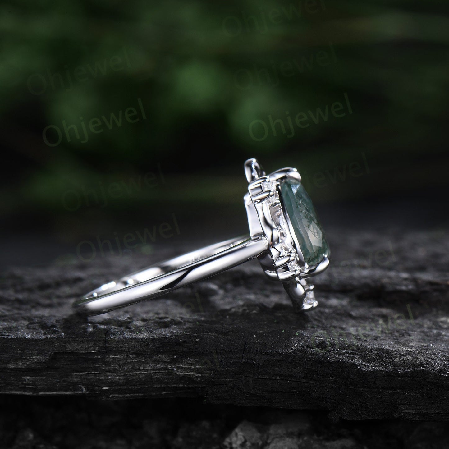 Vintage pear moss agate engagement ring leaf Nature inspired halo cluster diamond ring women 14k white gold branch antique wedding ring gift