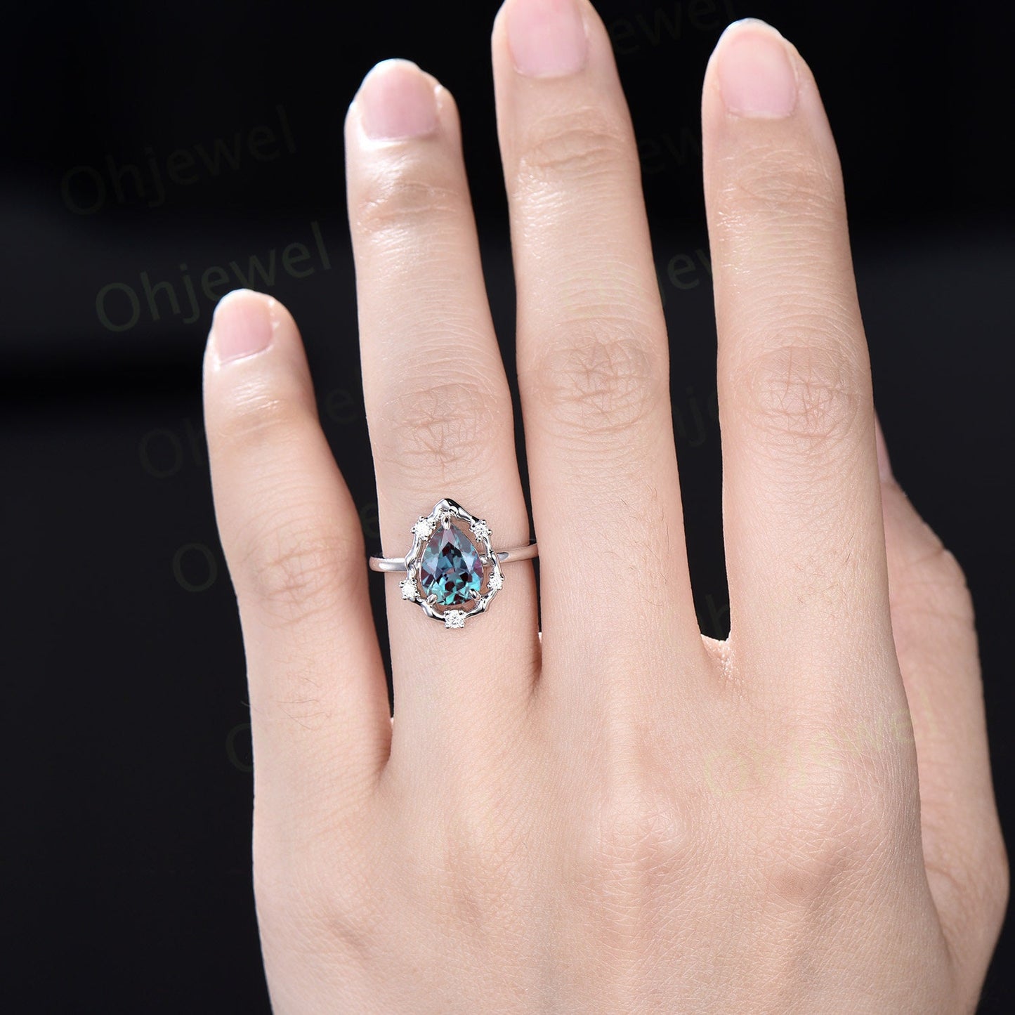 Vintage pear Alexandrite engagement ring leaf Nature inspired halo cluster diamond ring women white gold branch antique wedding ring gift