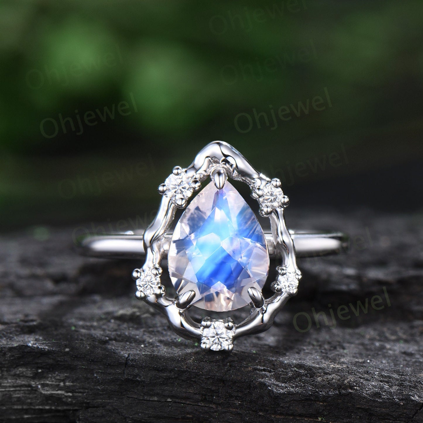 Vintage pear moonstone engagement ring leaf Nature inspired halo cluster diamond ring women 14k white gold branch antique wedding ring gift