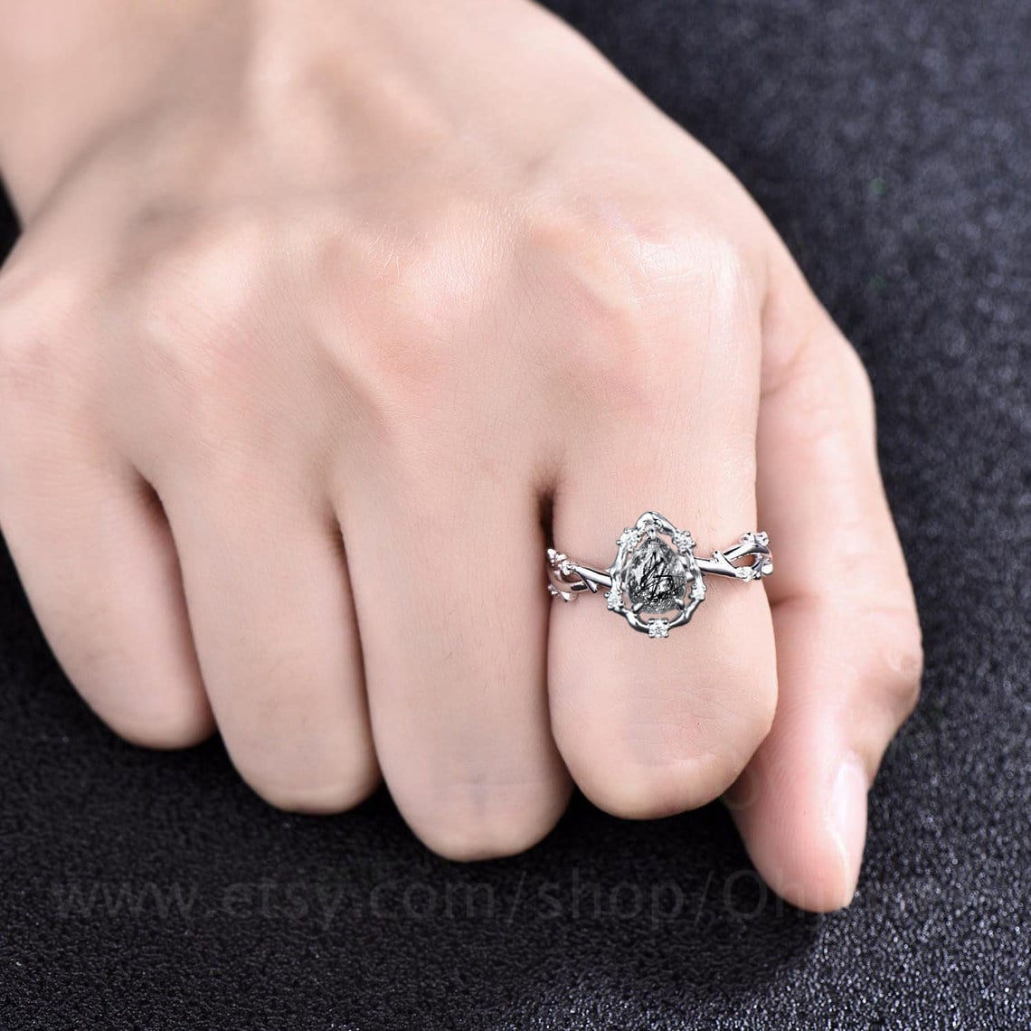 Pear black rutilated quartz ring vintage halo leaf branch nature inspired engagement ring white gold Twisted diamond anniversary ring women