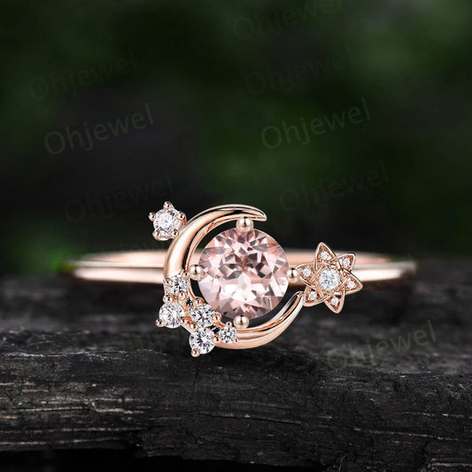 Vintage natural round morganite engagement ring solid 14k rose gold cluster moon star diamond ring women flower dainty anniversary ring gift