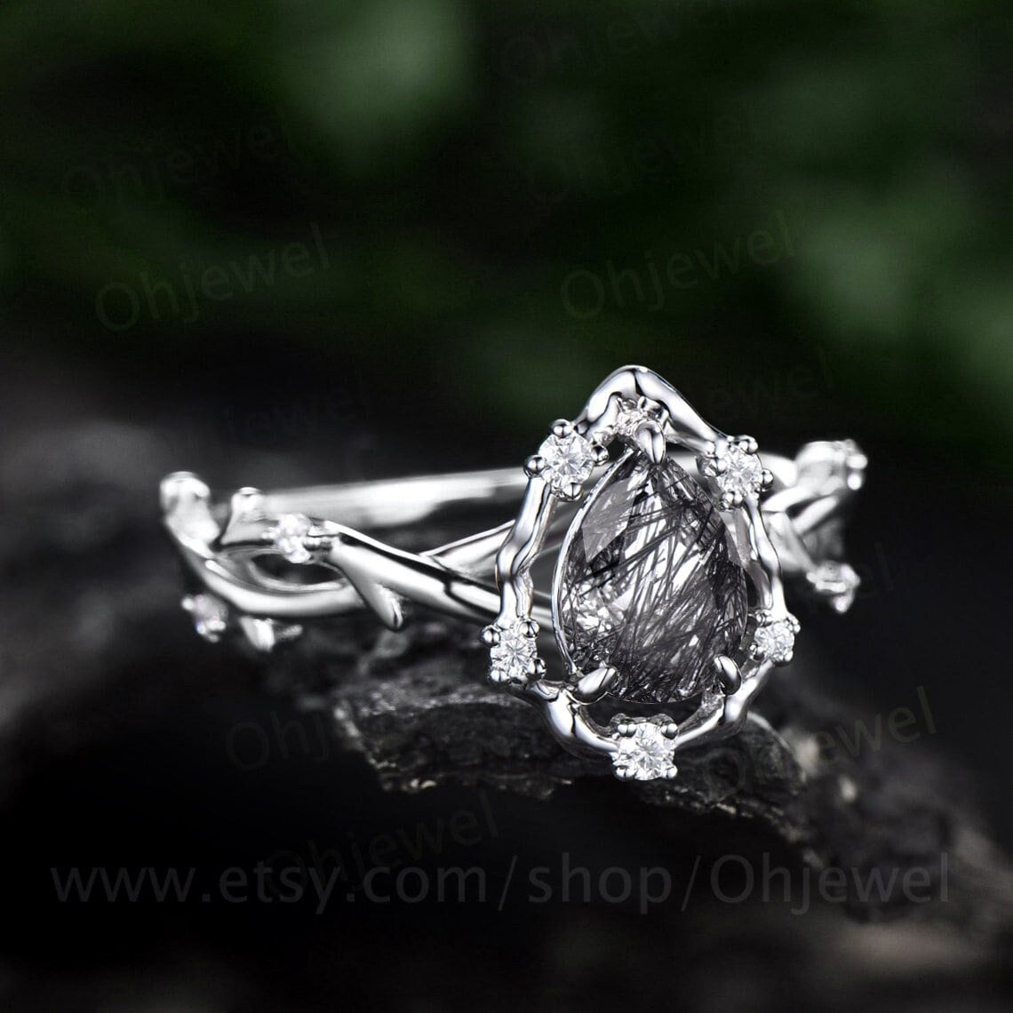 Pear black rutilated quartz ring vintage halo leaf branch nature inspired engagement ring white gold Twisted diamond anniversary ring women