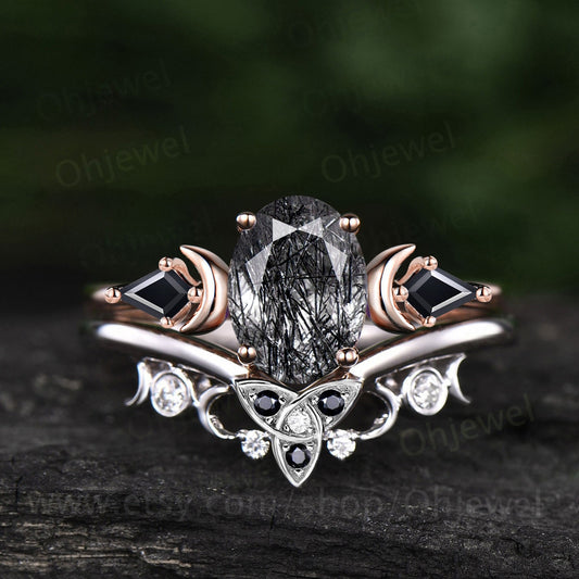 Vintage oval black rutilated quartz engagement ring 14k rose gold kite black spinel ring moon moissanite wedding bridal ring set women gift