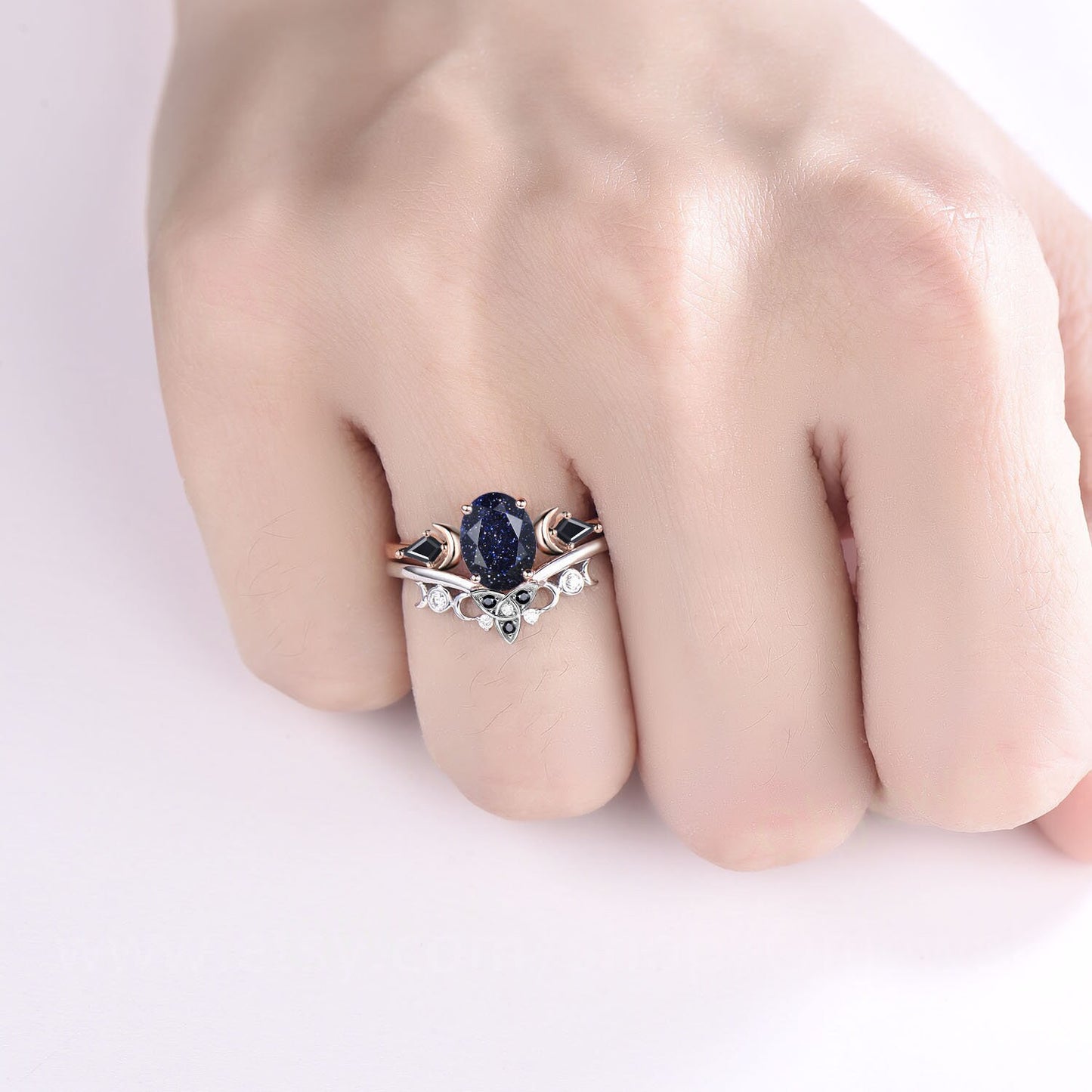 Vintage oval blue sandstone goldstone engagement ring 14k rose gold kite black spinel ring moon moissanite wedding ring set women gift