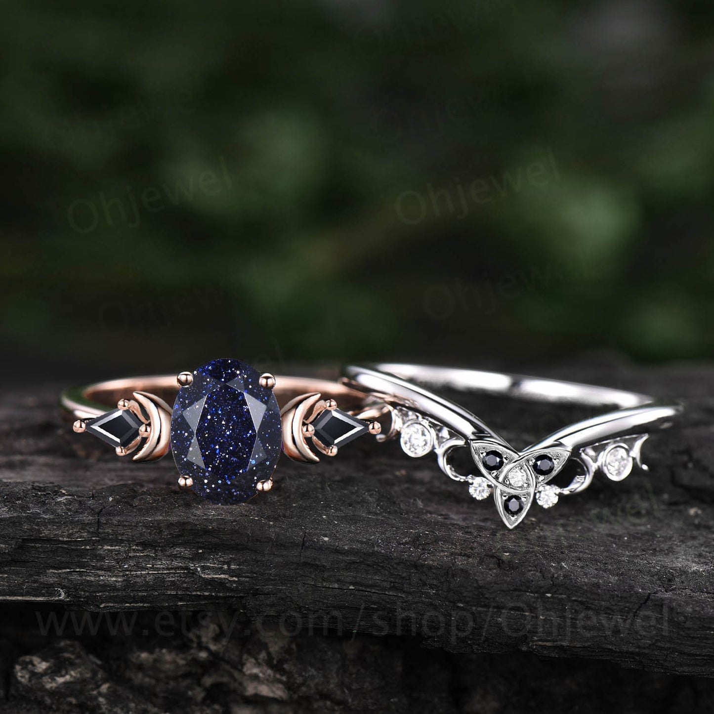 Vintage oval blue sandstone goldstone engagement ring 14k rose gold kite black spinel ring moon moissanite wedding ring set women gift