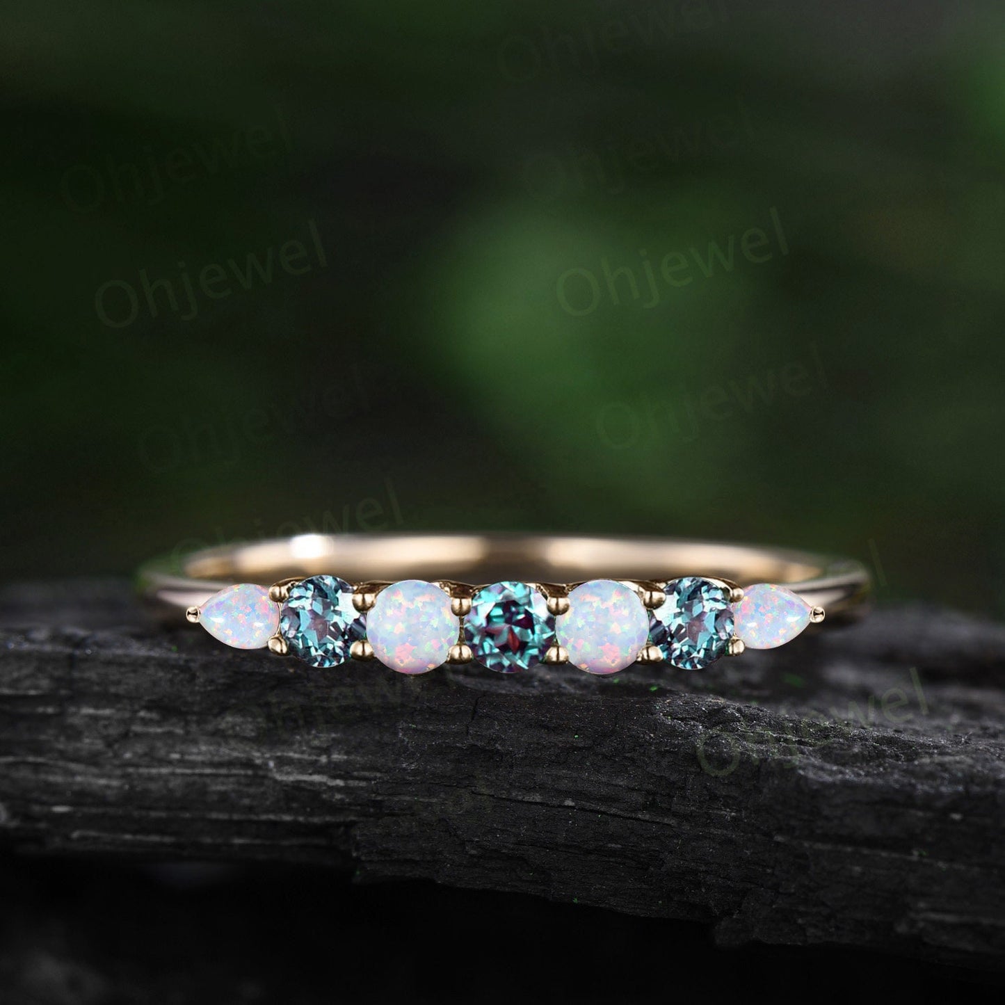 Dainty round opal alexandrite wedding band half eternity solid 14k rose gold Personalized Minimalist green gemstone anniversary ring gift