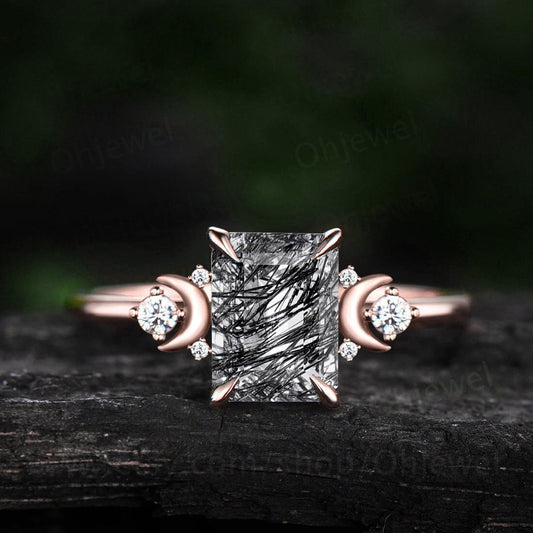 Vintage emerald cut black rutilated quartz engagement ring solid 14k rose gold moon ring cluster diamond promise anniversary ring for women